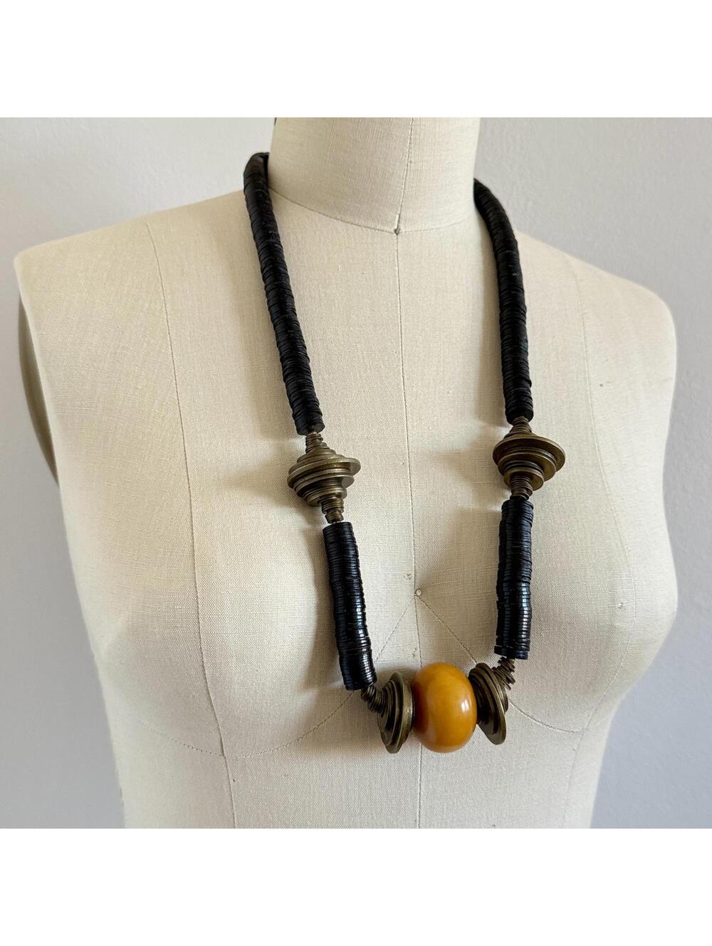 Vintage Tribal Statement Necklace – Black Discs & Brass Beads w/ Amber Accent